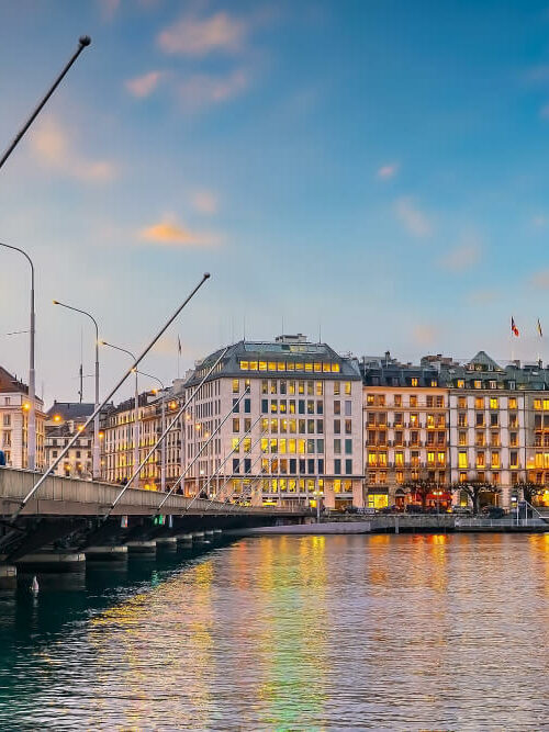 City Skyline Geneva With Lake Geneva Cityscape Switzerland Sunset